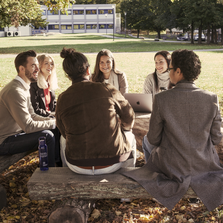 Sju studenter i samtal på bänkar utomhus, med laptop.